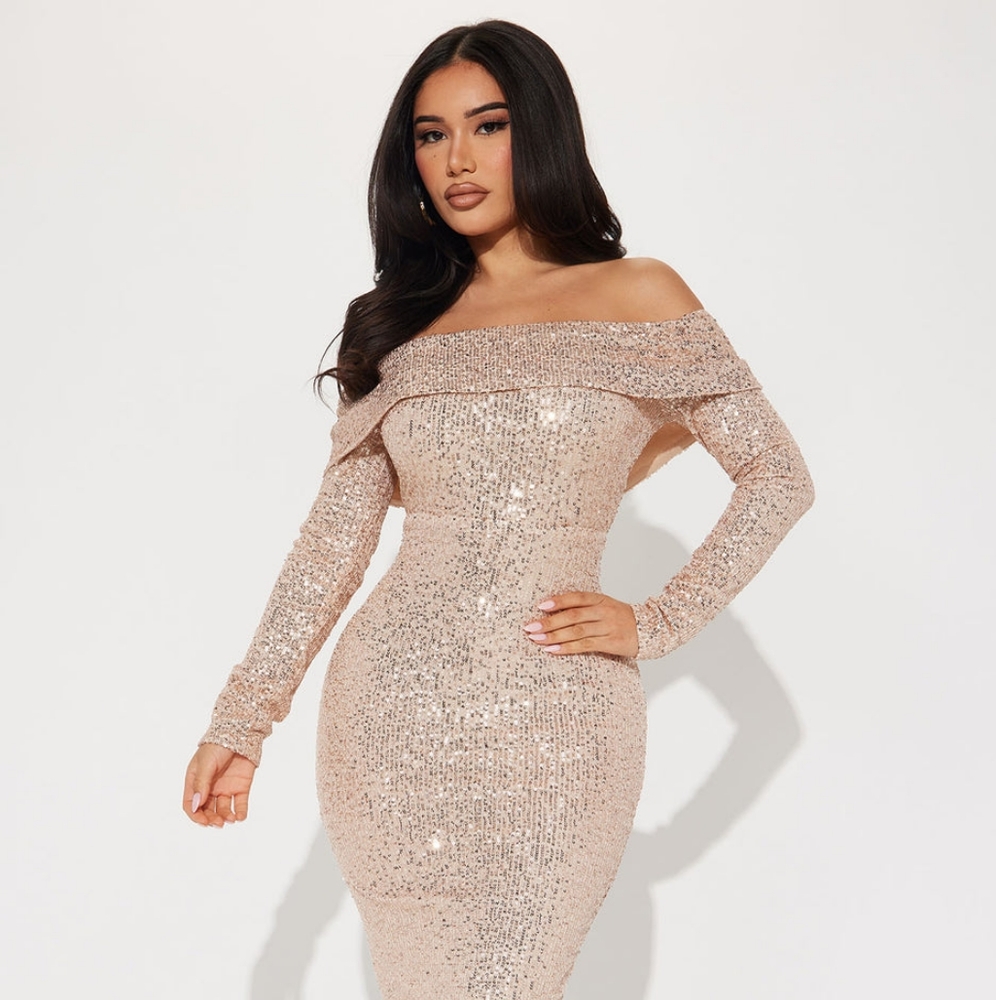 NEW! Fashion Nova Aurora Sequin Midi Dress - Champagne